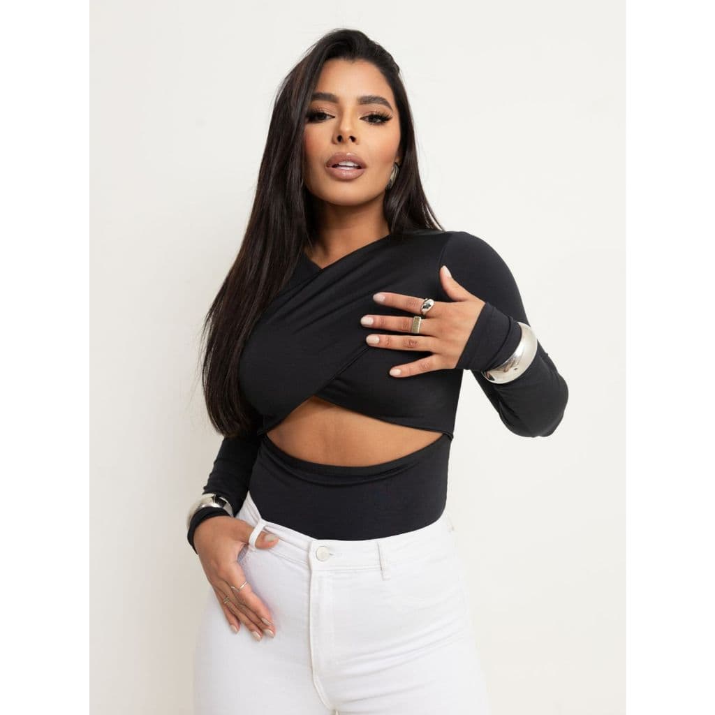 Body Feminino Manga Longa Bori Preto Decote Trançado Seio Chic Estiloso Gringa