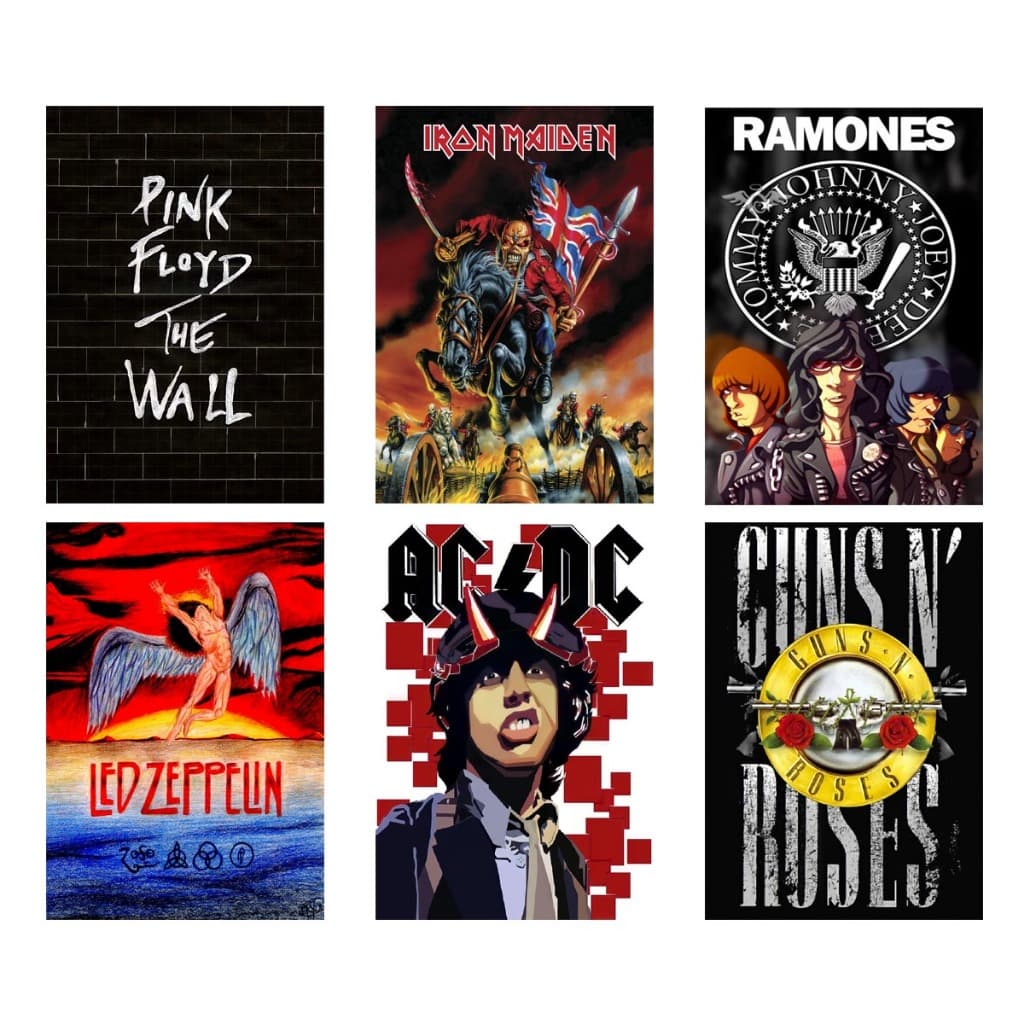 Kit com 6 placas quadros decoração rock clássico heavy hard música - tamanho - 20 x 30