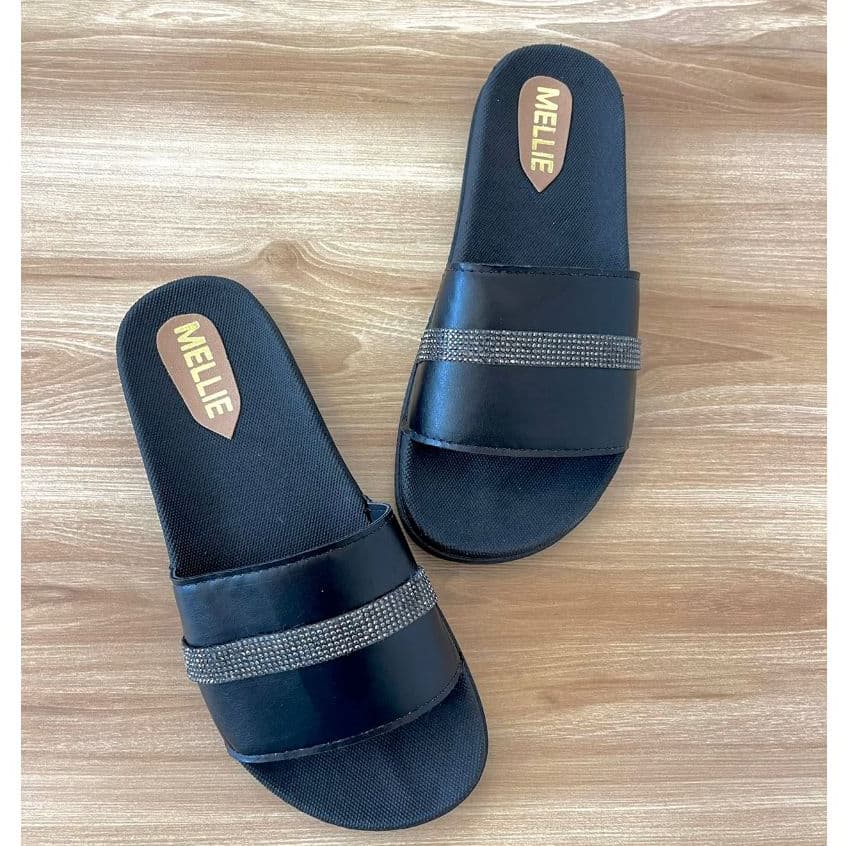Slide Chinelo Sandalia Rasteira Mellie Strass Preto Branco Numero Especial Numeracao Grande Tamanho