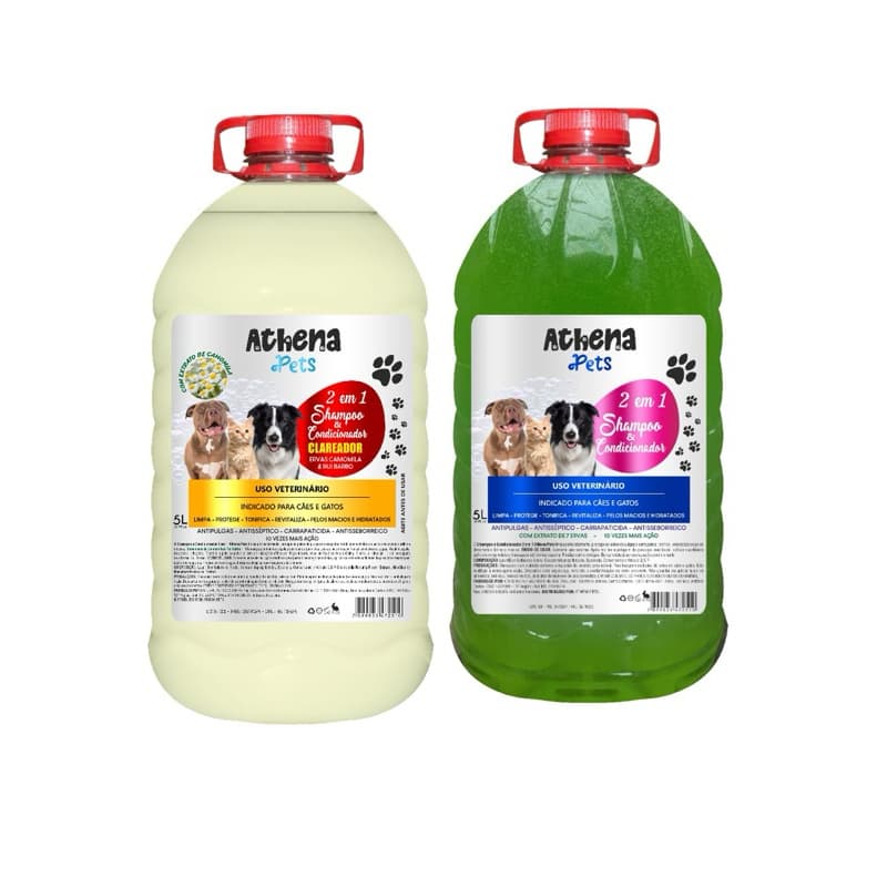 Kit Shampoo Pet p Cachorros e Gatos com Condicionador Branqueador 5-Lt 2 Em1 Camomila +Extrato 7 Ervas +Perfume Linha Pe