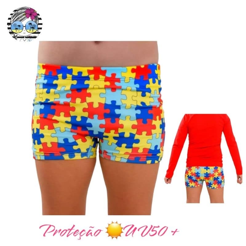 Sunga Infantil Autismo menino com Proteção Solar UV50+ Juvenil Forrada com Ajuste na Cintura