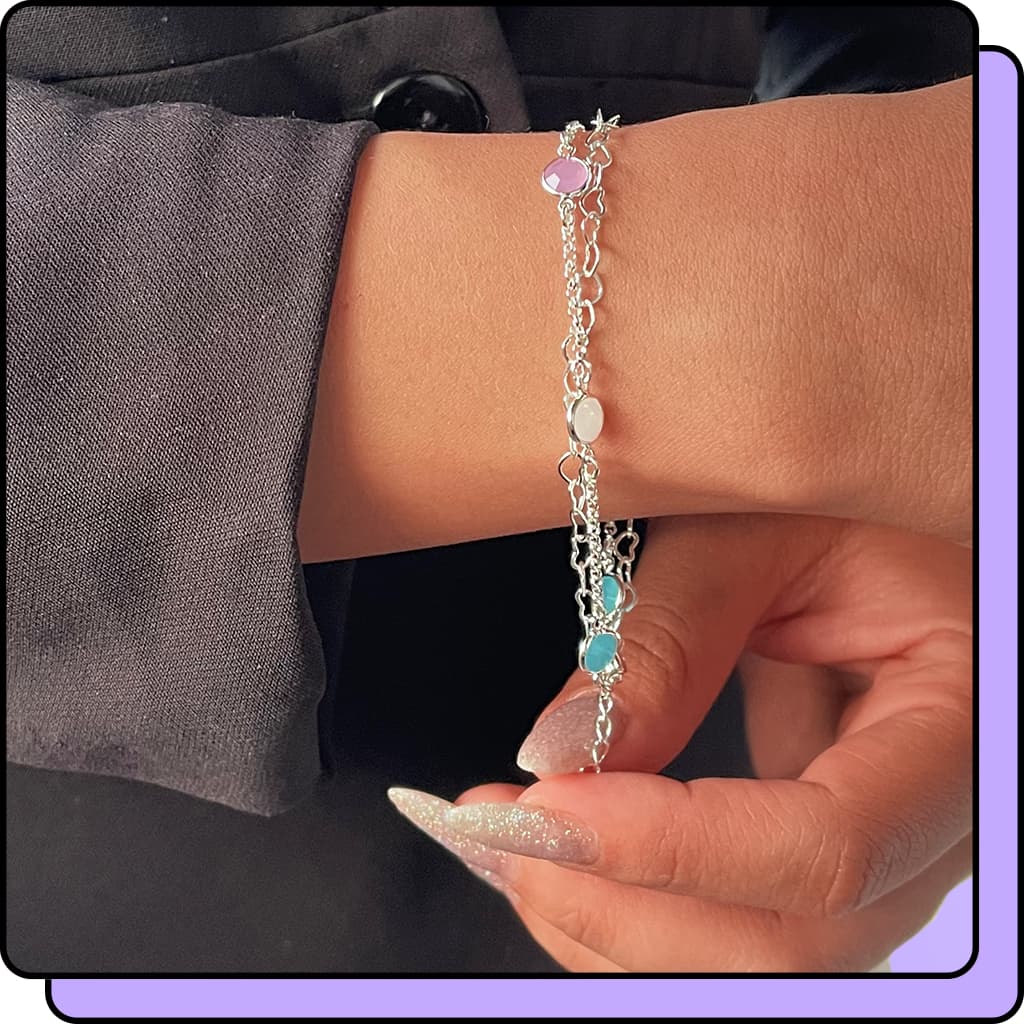 Pulseira Feminina Prata 925 Ponto de Luz Dupla Coração Pulseiras Femininas Banhada