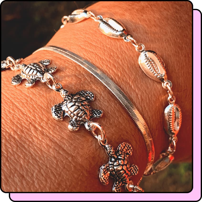 Kit 3 Pulseiras Prata 925 Banhada Pulseira Feminina Tartaruga Marinha Búzios e Fio Laminado