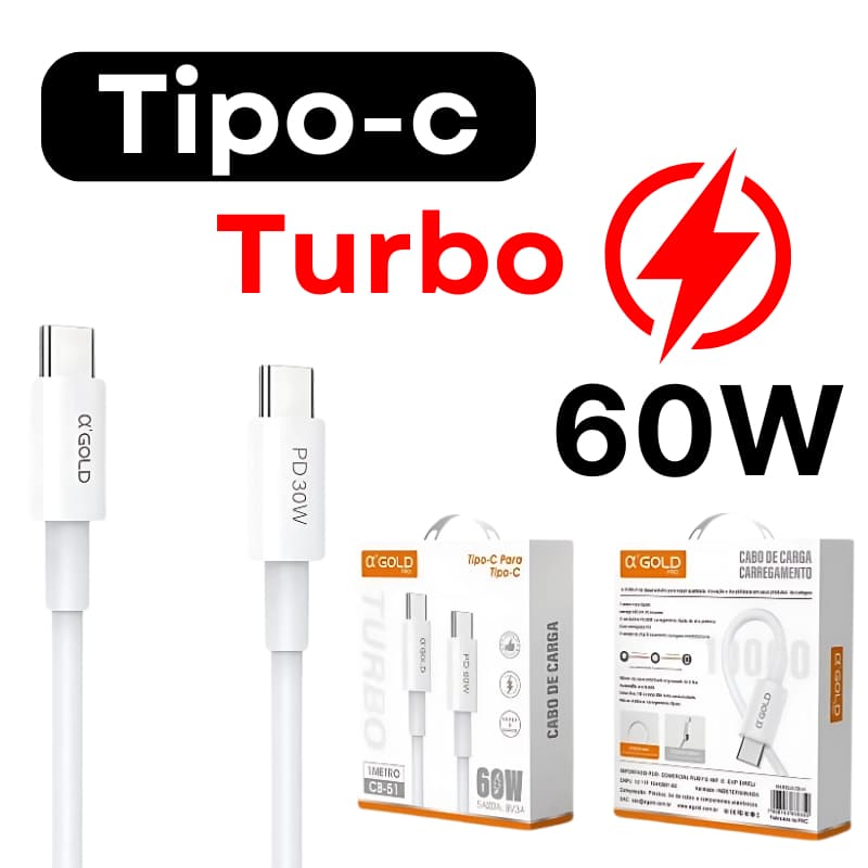 Cabo Tipo C Tipo C Turbo 60w A'GOLD CB-51 Branco Compatível IOS e Android para Celular Cabo de dados Turbo