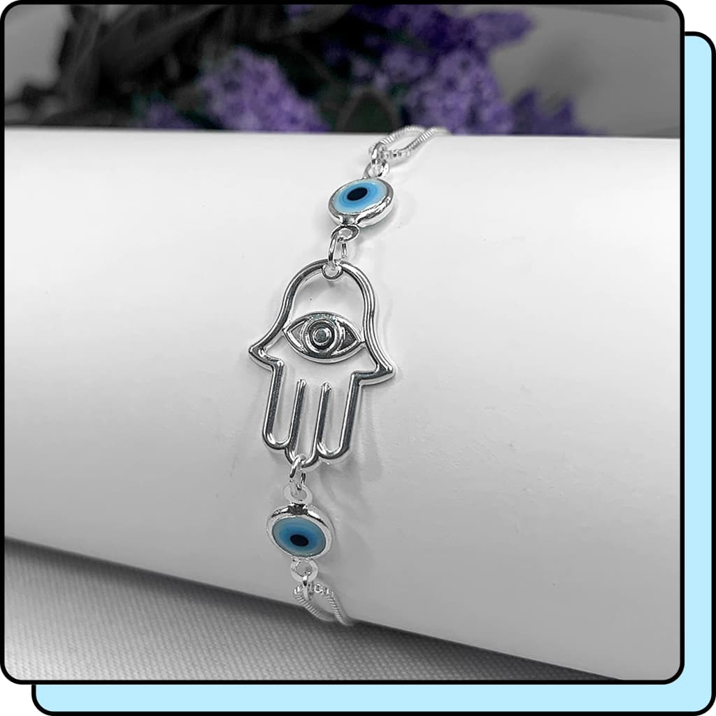 Pulseira Feminina Prata 925 Pulseiras Olho Grego Mão Hamsá Banhada