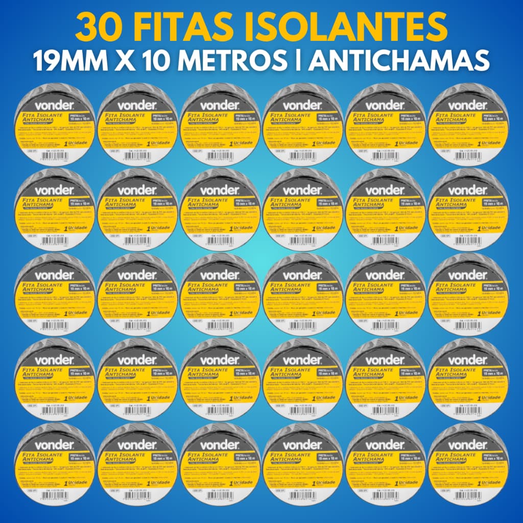 30 Fitas Isolante 19Mmx 10 Metros Preta  Anti Chamas VONDER