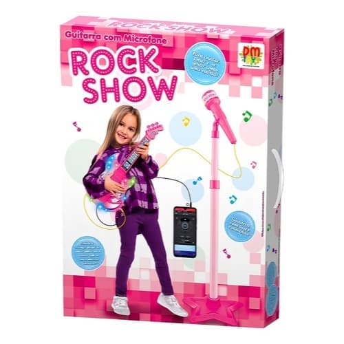 Guitarra E Microfone Infantil Rock Show Rosa Com Som E Luz Meninas