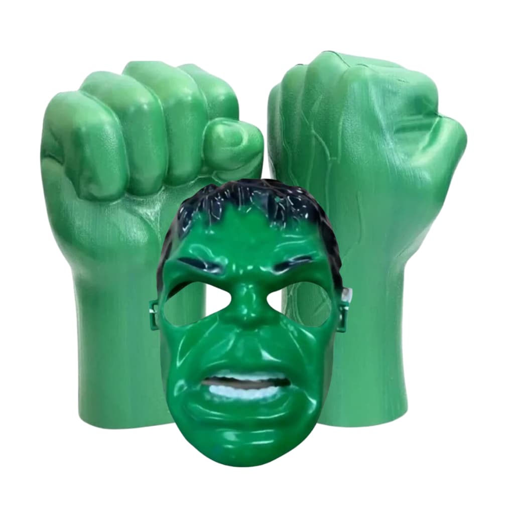 Kit Soco Mão Gigante Herói + Máscara Verde Hulk Brinquedo Fantasia Acessório Faz de Conta