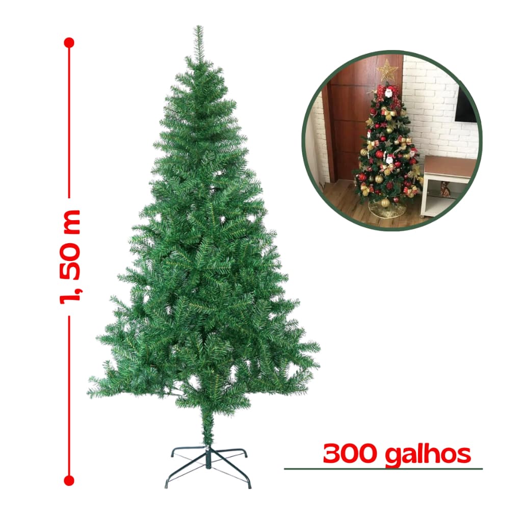 Árvore De Natal 1,50 Metros 300 Galhos Pé De Ferro Decoração Natalina Pinheiro Verde