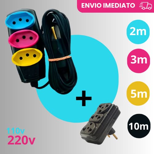Extensão Elétrica 2/3/5/10 Metros Bivolt Tomadas Tripolares Coloridas + um Adptador Bejamim de Brinde