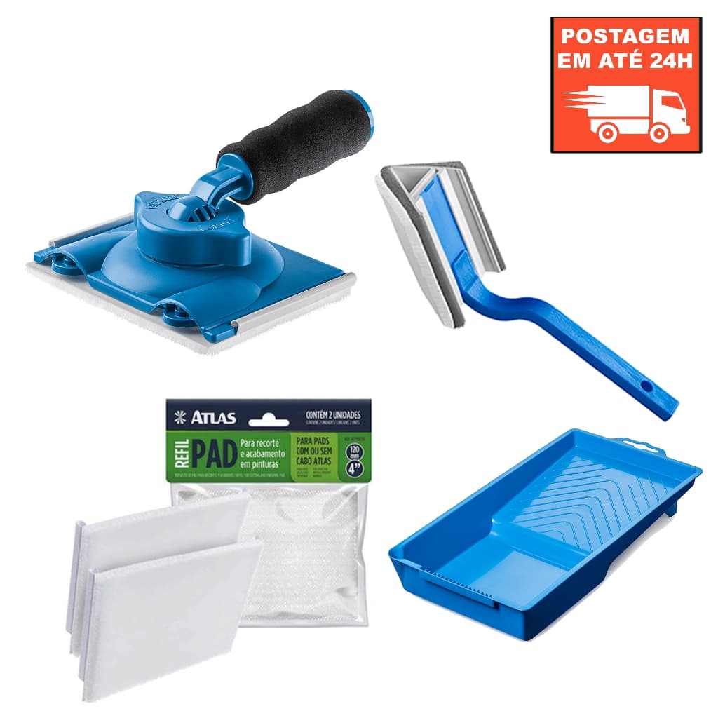 Kit Pad Para Pintura Com Cabo Ajustavel + Pad para Pintura de Cantos + Refil + Bandeja 250ML ATLAS