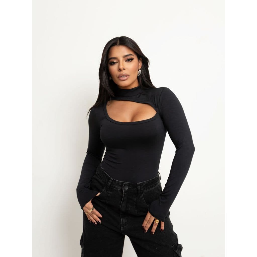 Body Feminino Bori Manga Longa Gola Alta Recorte Busto Vazado Seio Estiloso