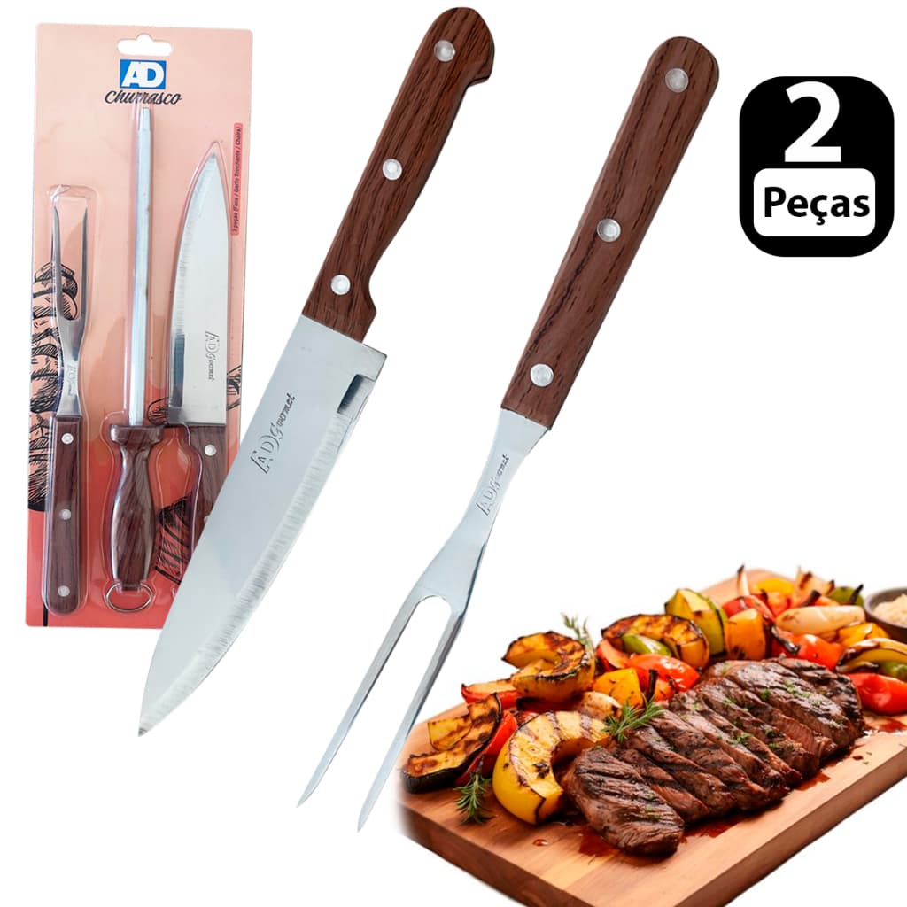 Kit jogo 2 Peças para churrasco Carnes Faca e Garfo trinchante de Aço Inoxidável AD