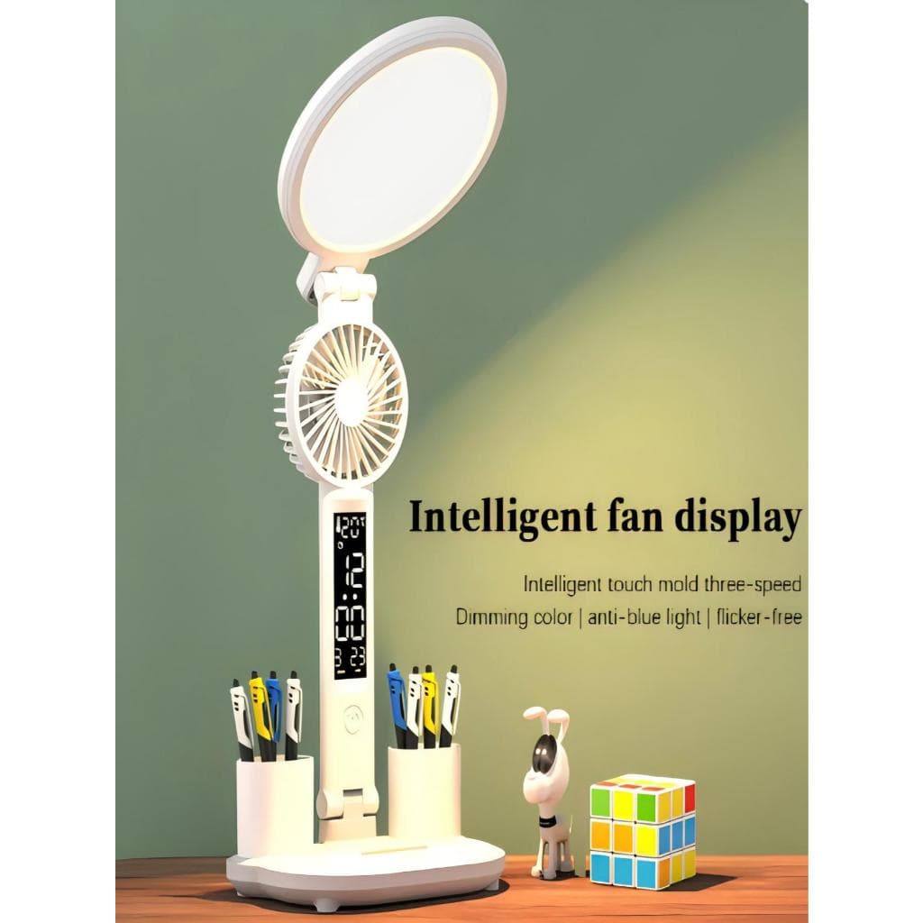 Lâmpada de mesa LED relógio USB carregável, lâmpada de mesa regulável, luz de ventilador LED plug-in, proteção para os olhos dobrável