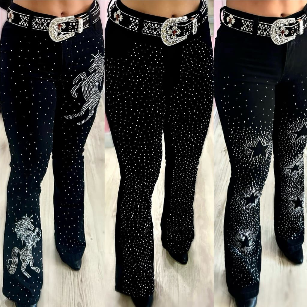 Calça Flare Jeans Feminina Country Rodeio de Luxo Cintura Alta com Strass