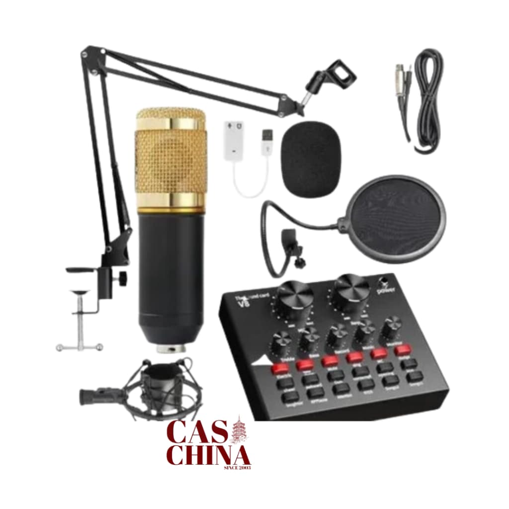Kit Microfone Profissional Completo Bm800 Dourado com Pop Filter Aranha Braço Articulado + Placa De Som Interface De Áudio