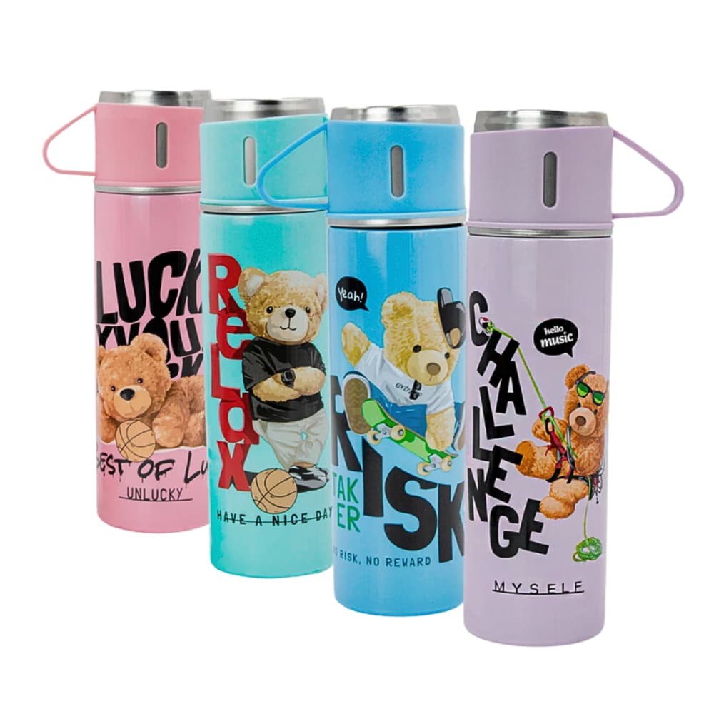 Garrafa Térmica Inox 500ml Com 3 Xícaras Estampa Urso Coloridas GDR1015