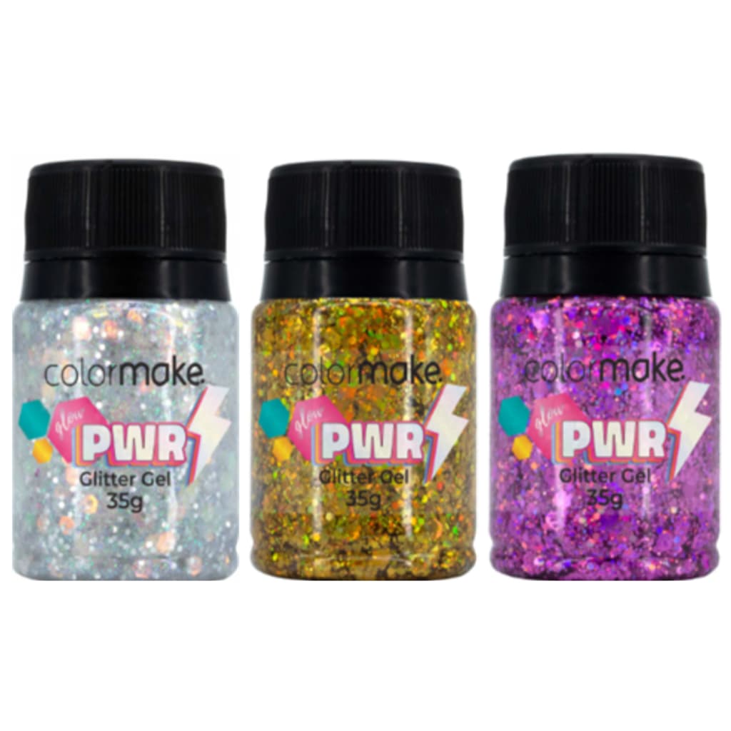 Kit 3 Glitter Gel Glow Power Cores Sortidas 35g -100% VEGANO