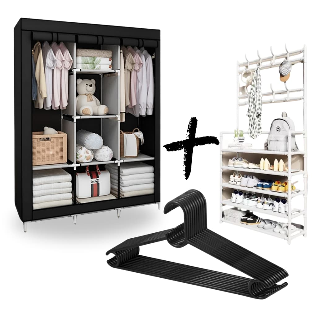 Guarda-Roupa Portátil Dobrável Quarto Closet + Rack Sapateira Cabideiro + Cabide Plástico Perfumado Casa Utilidade