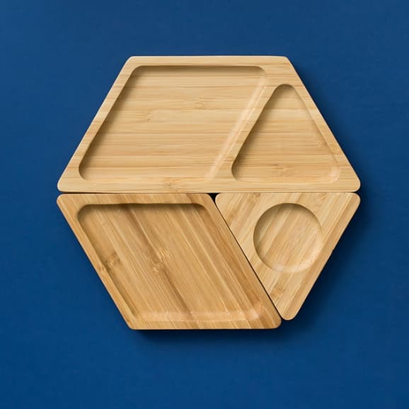 Petisqueira De Bambu Hexagonal Desmontável Encaixe 3 Peças Bandeja Organização