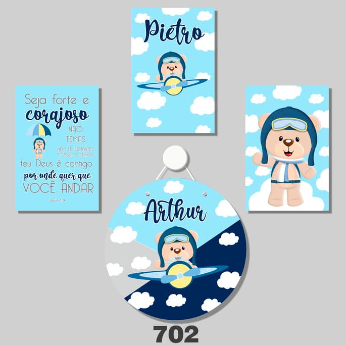 Kit Bebê Quadros Decorativos Criança Berçário Porta de Maternidade  Ursinho Aviador Azul Bebê