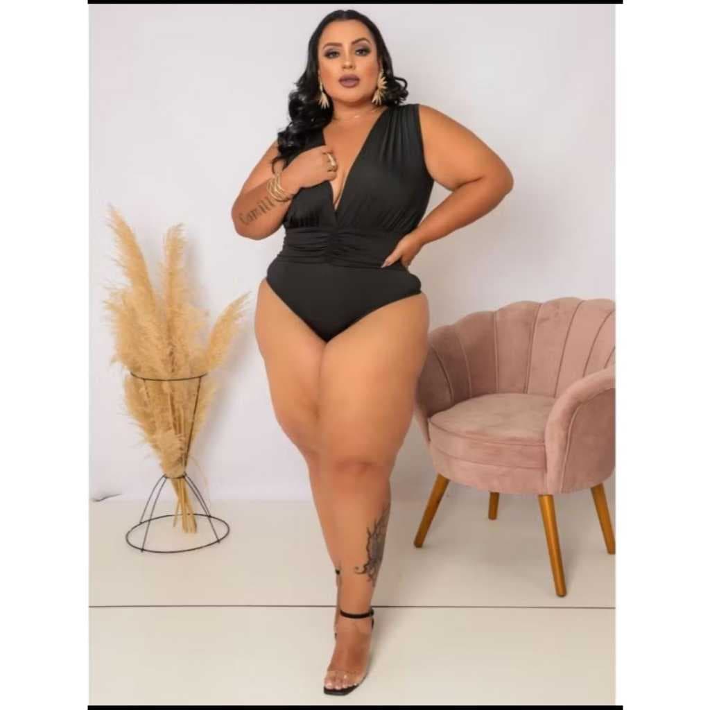Body Feminina Gola V Regata Plus Size Trancado Decotado Elegante Moda Verão