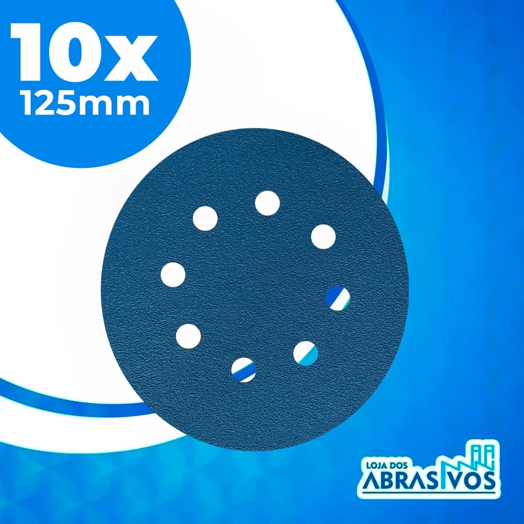 Disco Lixa velcro Hookit 5 Pol. 125mm 8 furos orbital Vários Grãos Kit 10 Peças polimento