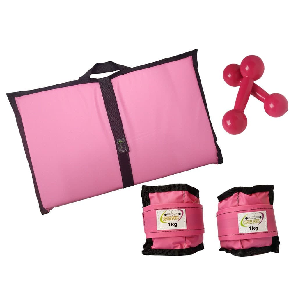 Kit Colchonete Rosa + Tornozeleira 1 KG + Halteres 1 KG Rosa