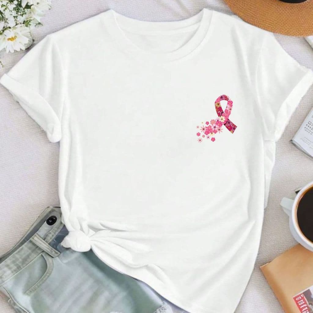 Camiseta feminina T-shirt feminina Outubro camisa Rosa Laço blusinha blusa 100% algodão