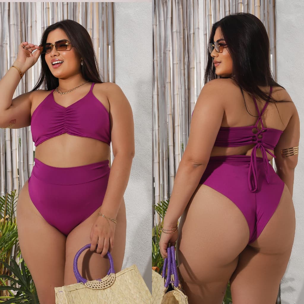 Biquini forrado com bojo drapeado, calcinha hotpant fio duplo Plus size