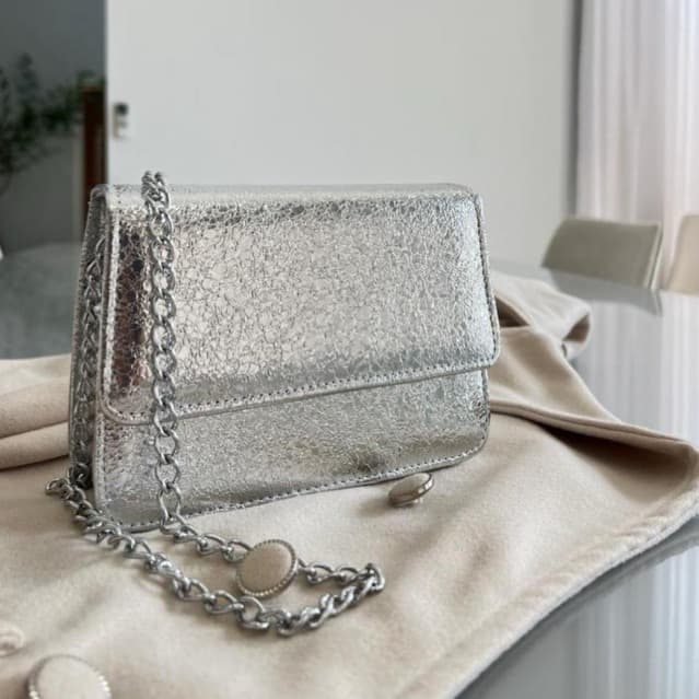 Bolsa Feminina Prata Festa Metalizada Mini Bag Luxo Alça Corrente
