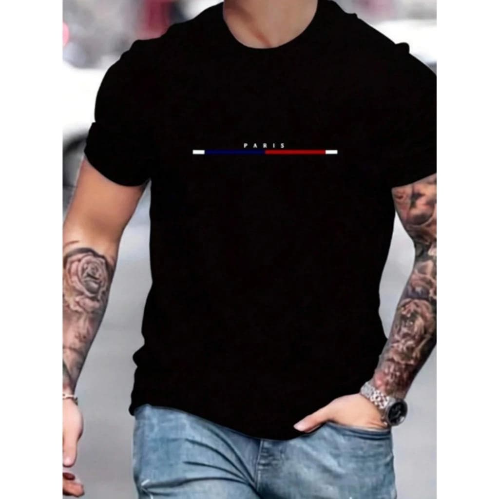 Camiseta Preta Masculina Street Paris Estampada Algodão Camisa Manga Curta