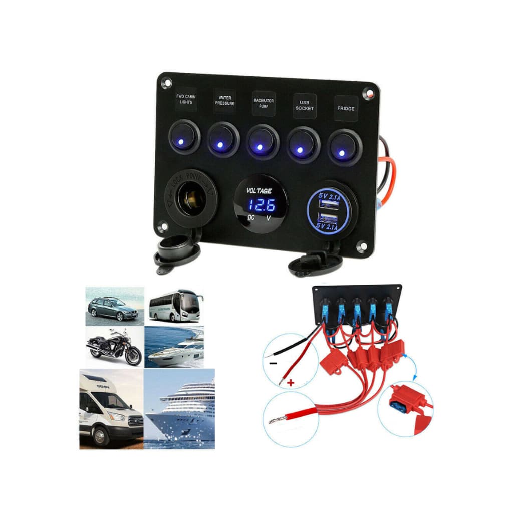 Painel Elétrico 5 Chaves Botões 2 Tomadas Usb Voltímetro Lancha Barco Carro Caminhão Motorhome 12v e 24v