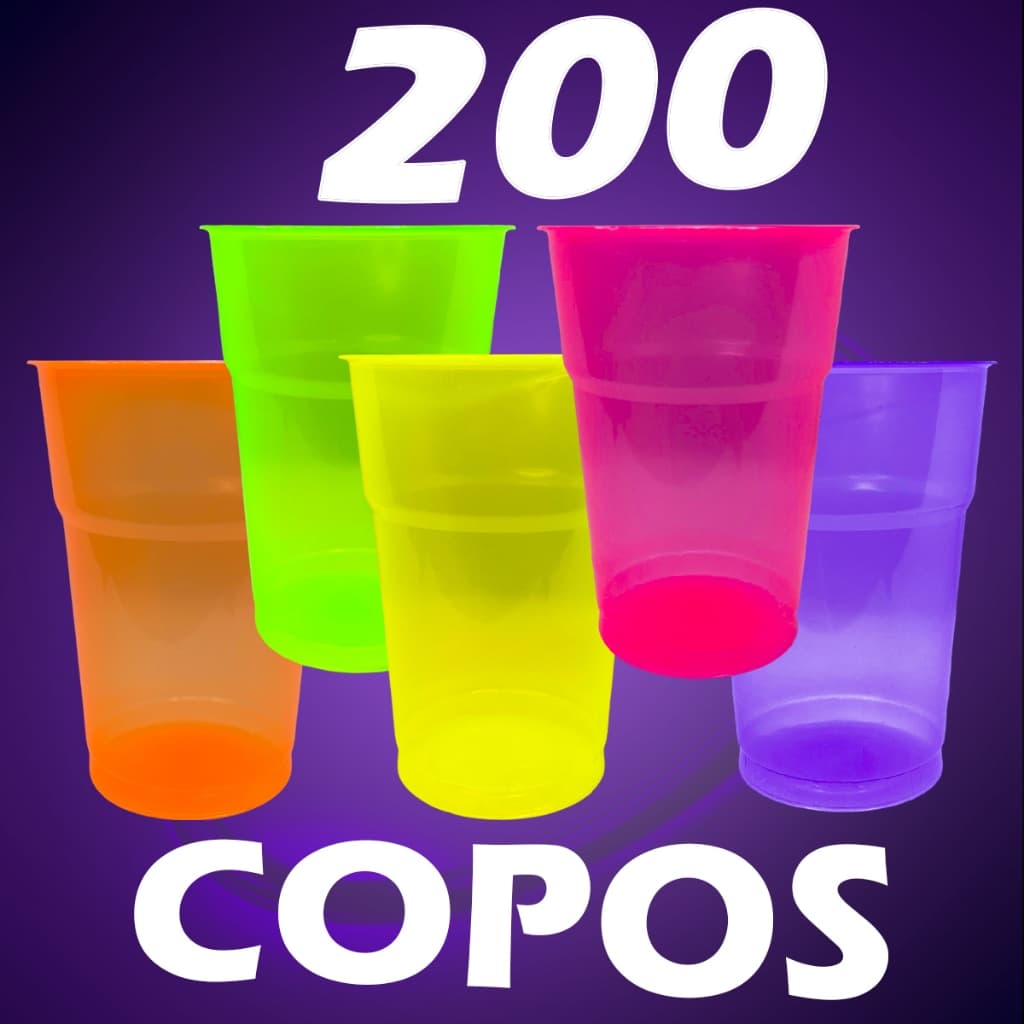 200 Copos Neon Brilham na Luz Violeta Para Festa 300ml