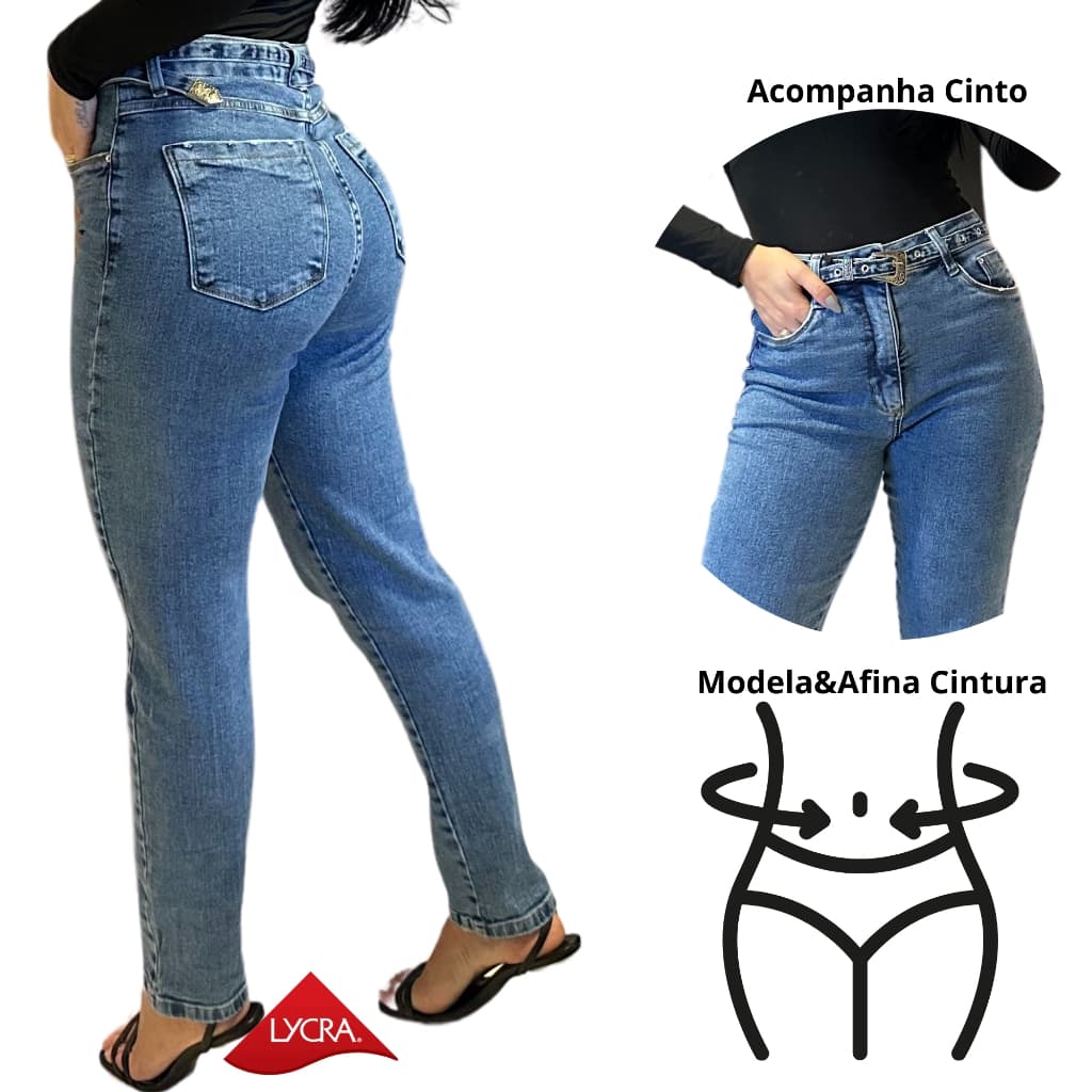 Calca Jeans Mom Feminina Cintura Alta Com Cinto Blogueiras