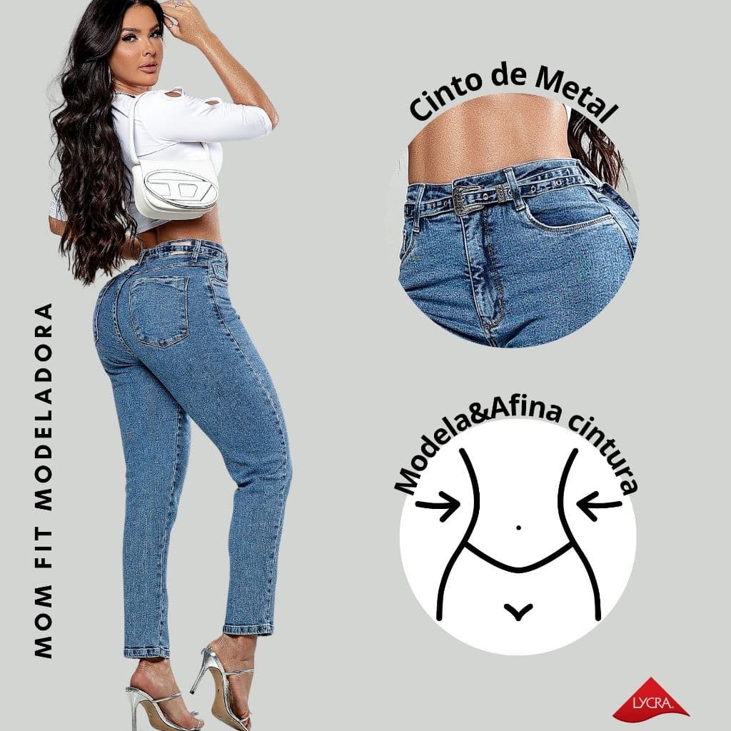 Calça Mom Fit Feminina Cos Alto Modela Cintura Com Lycra Top