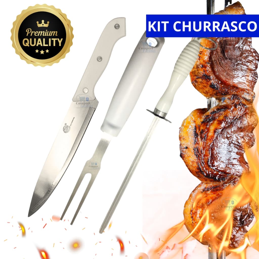 1, 2 ou 3 Kit De Churrasco 3 Peças Faca Garfo Trinchante Chaira Amolador