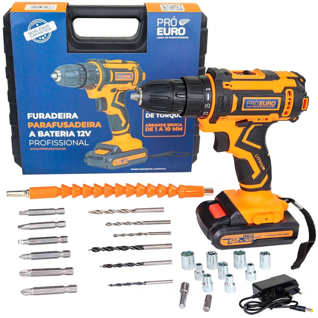 Parafusadeira Furadeira Sem Fio 12V 10mm Bivolt Pró Euro com Maleta e Kit Brocas