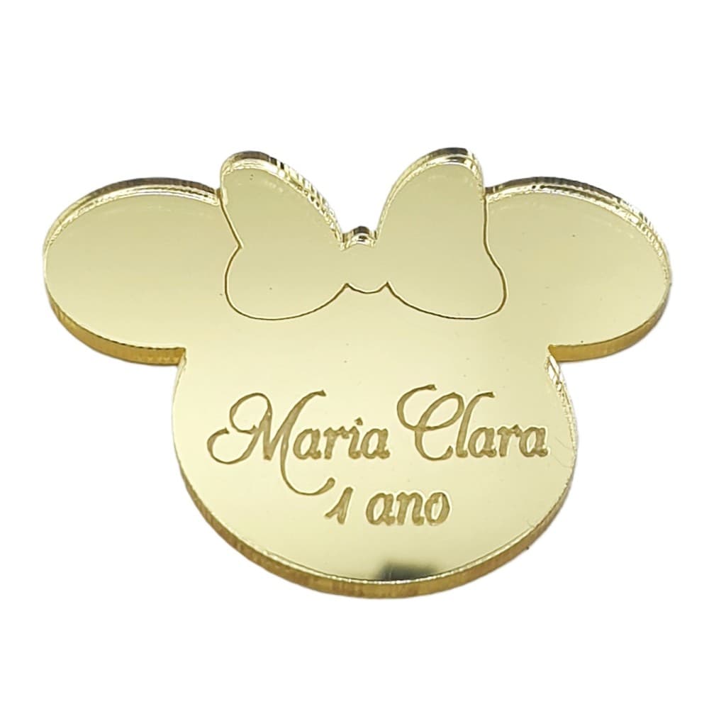 Cabeça Minnie com nome e idade acrílico espelhado 50 peças