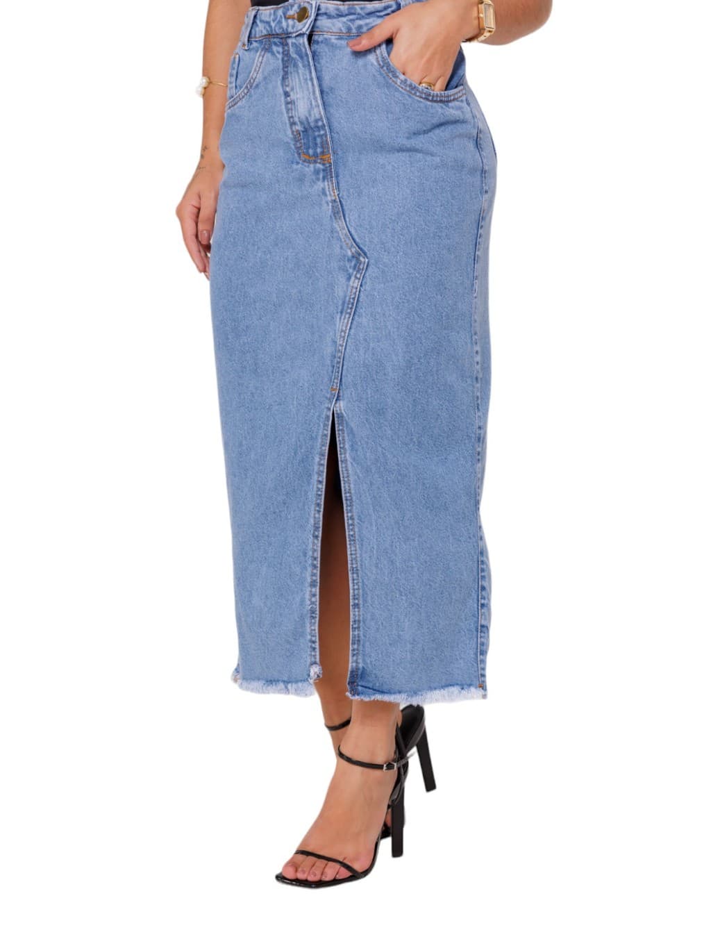 Saia Midi Lápis Feminina Com Abertura Fenda Frontal Cintura Alta Elegante Trabalho Casual Social