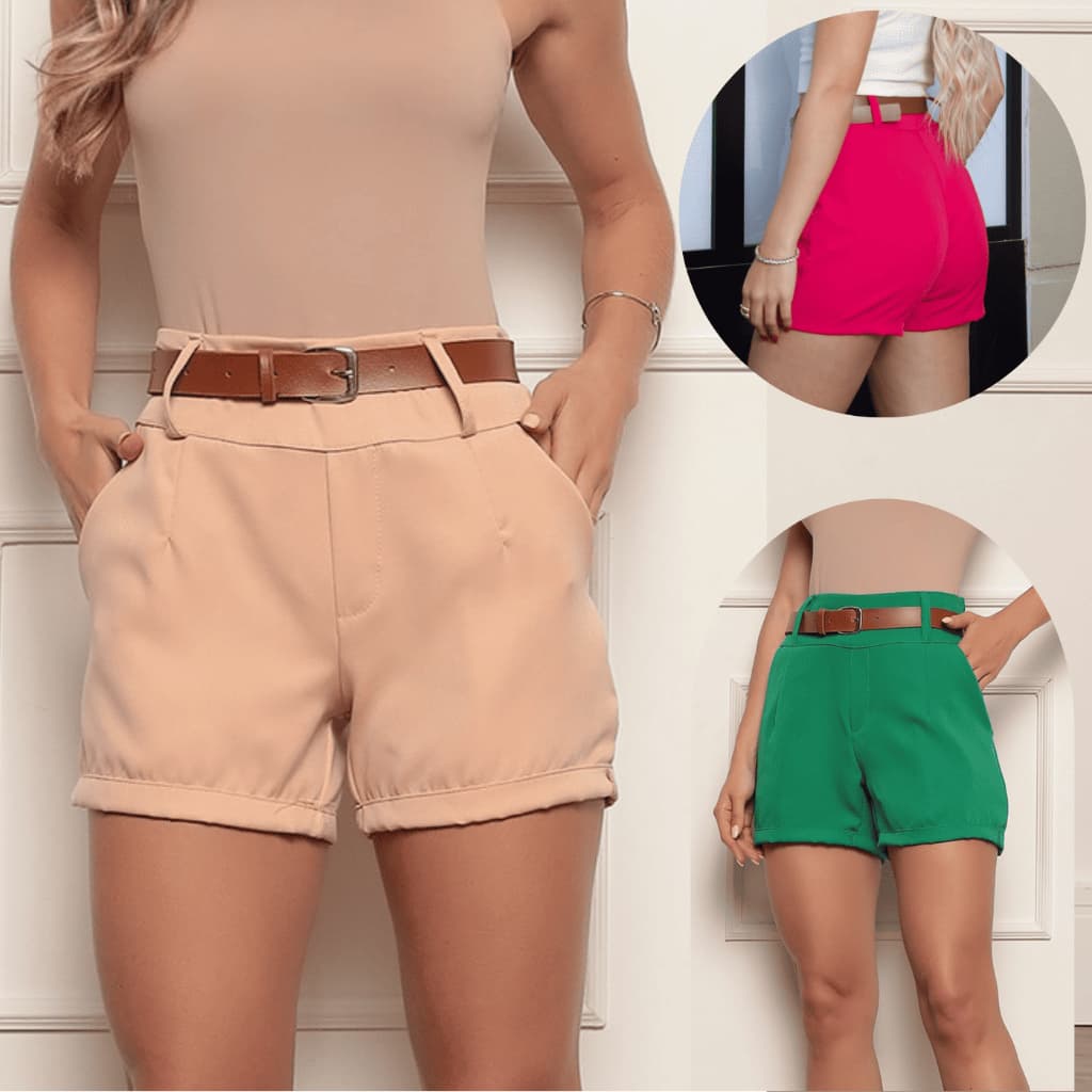 Short Feminino Alfaiataria Premium com Cinto Cintura Alta Shorts Social Bolsos Moda Verão Elegante