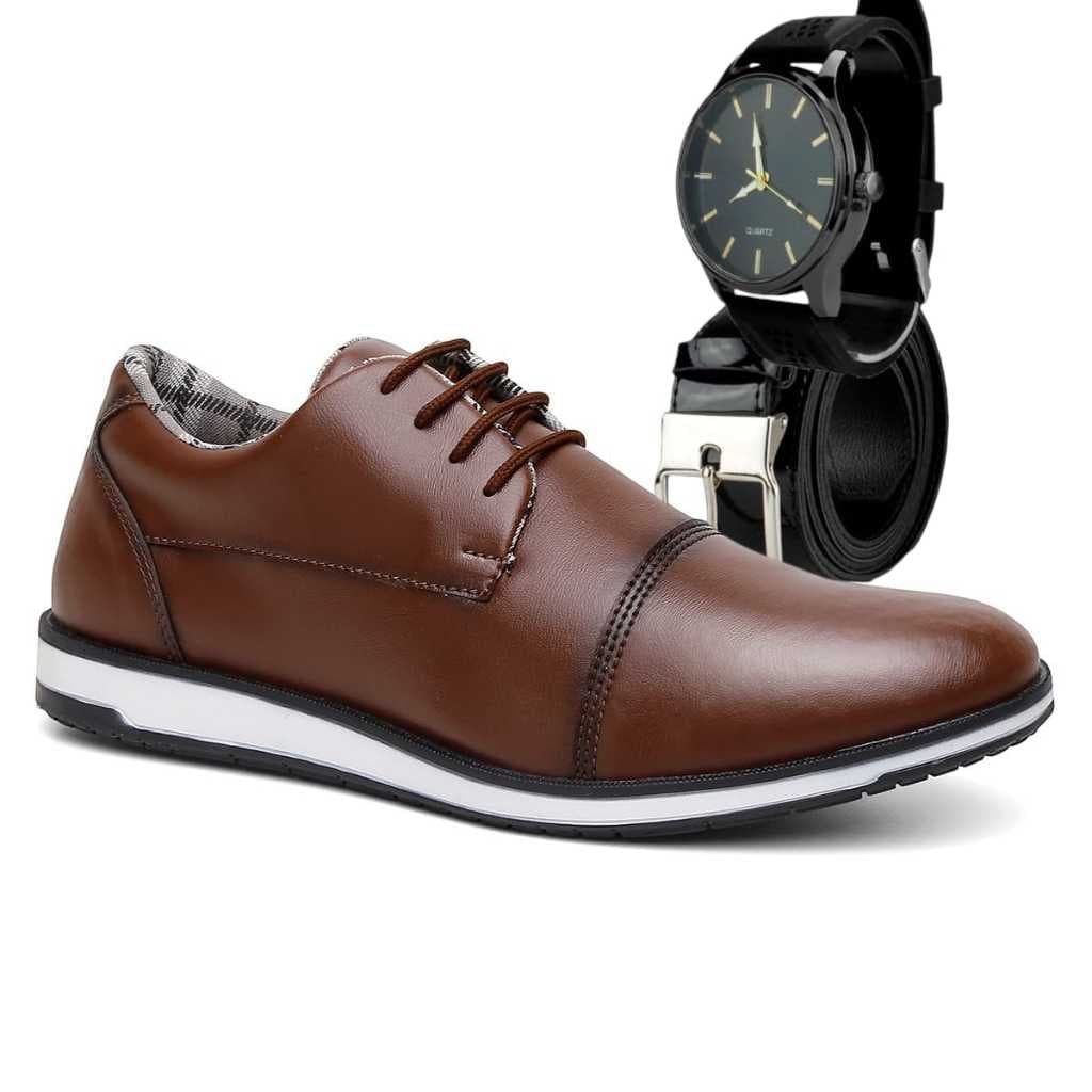Kit Sapato Masculino Social Confort Com Relogio E Cinto