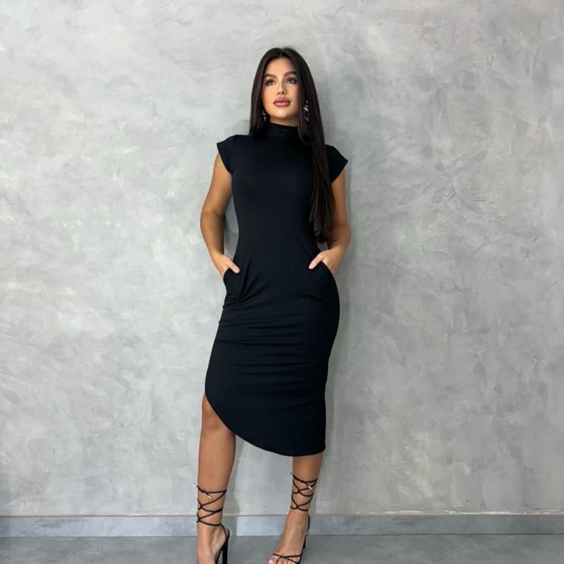 Vestido Midi Bolsos Feminino Ribana Ajustado Moda Blogueira Elegante