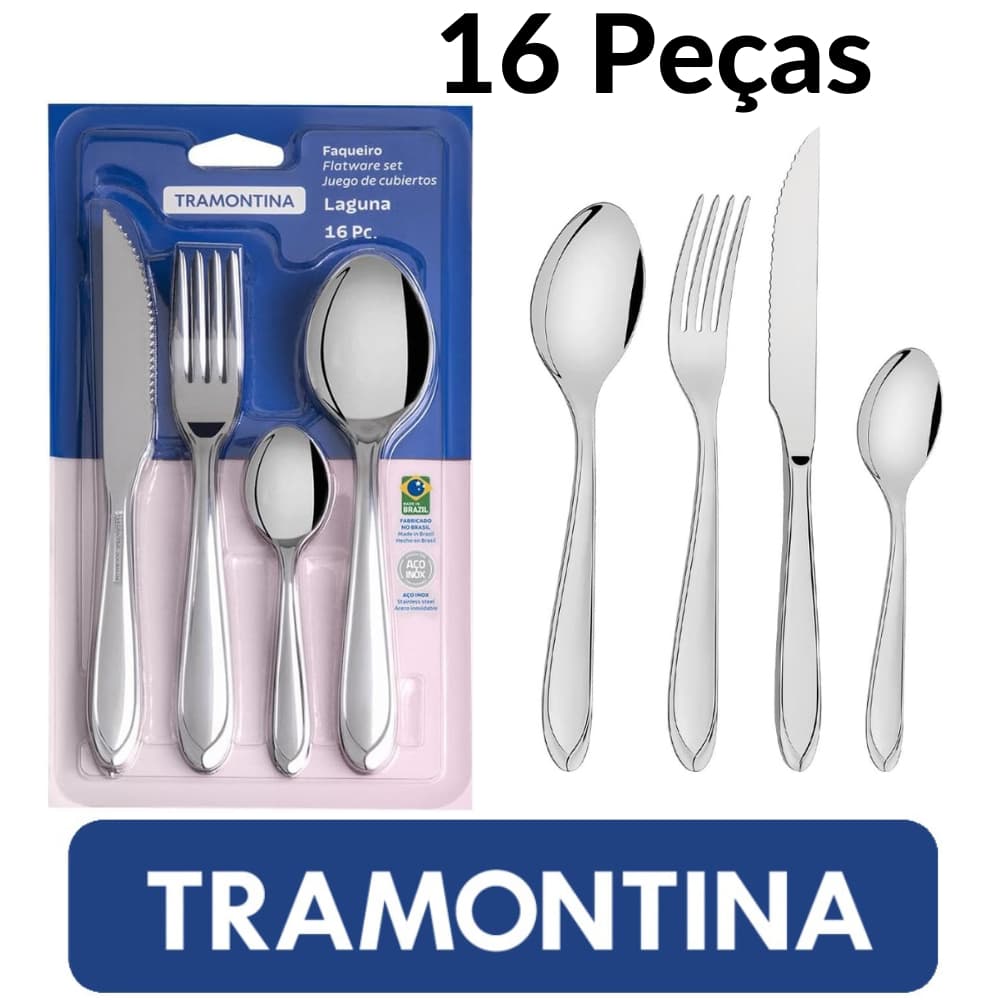 Faqueiro Jogo Talher Tramontina Laguna 16 Peças em Aço Inox com Acabamento em Brilho Casa Cozinha