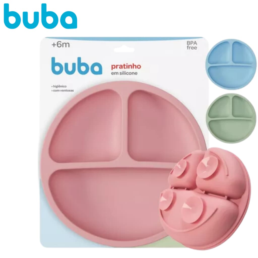 Prato Infantil Bebe Silicone com Divisórias Pratinho Infantil Buba Com Ventosa