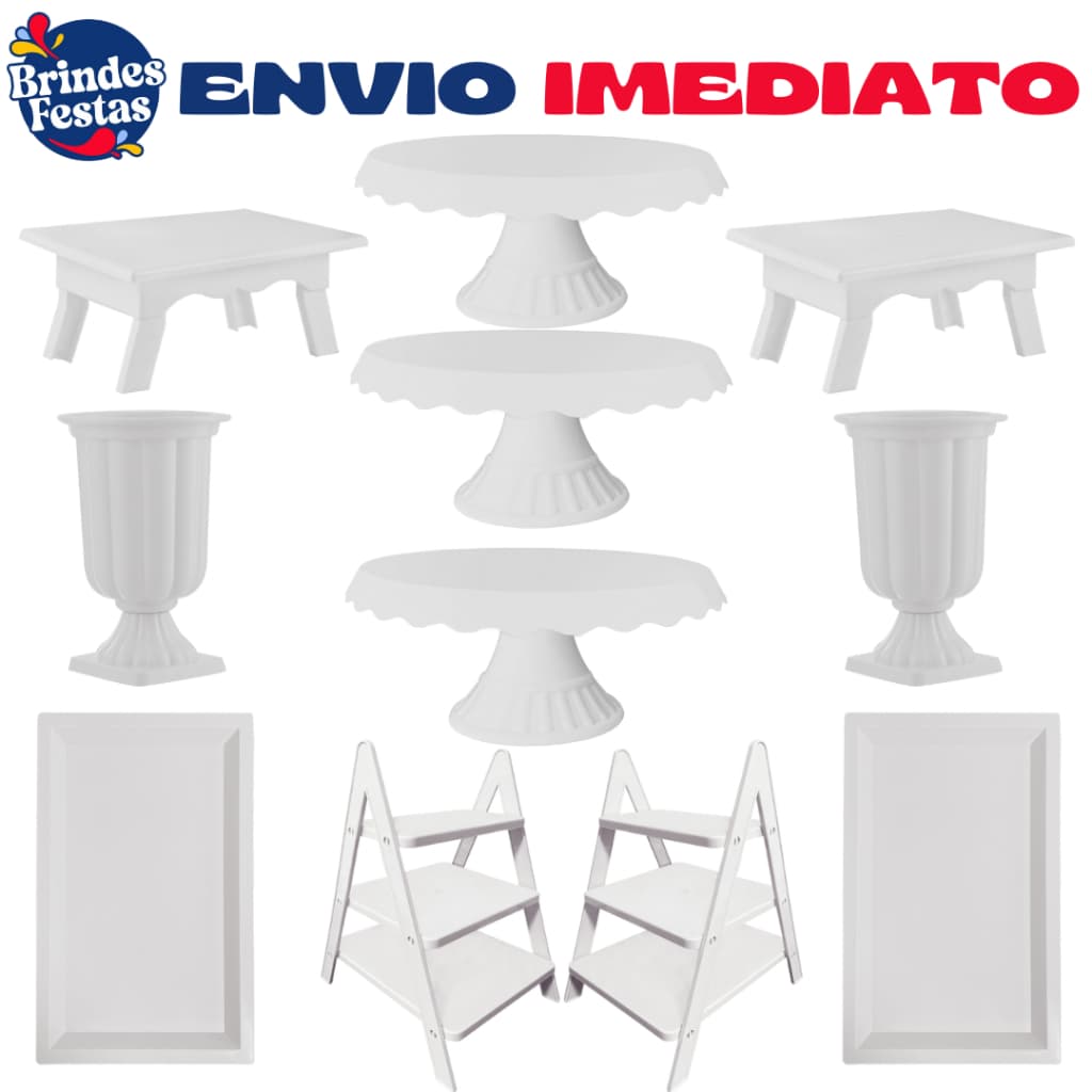 Kit Festa 3 Boleiras Slim + 2 Mesinhas + 2 Bandejas Decorativas + 2 Escadinhas - Decoração - Festa - Aniversario Novo