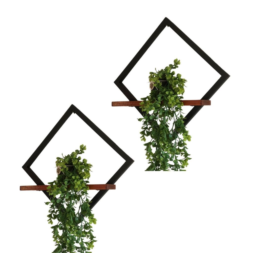 Kit C/2 quadros prateleira nicho losango quadro decorativo para decoração em metal e tabua pinus