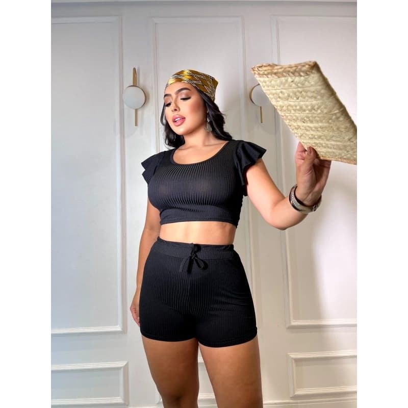 Conjunto Feminino Cropped e short canelado (34 ao 42) tendência
