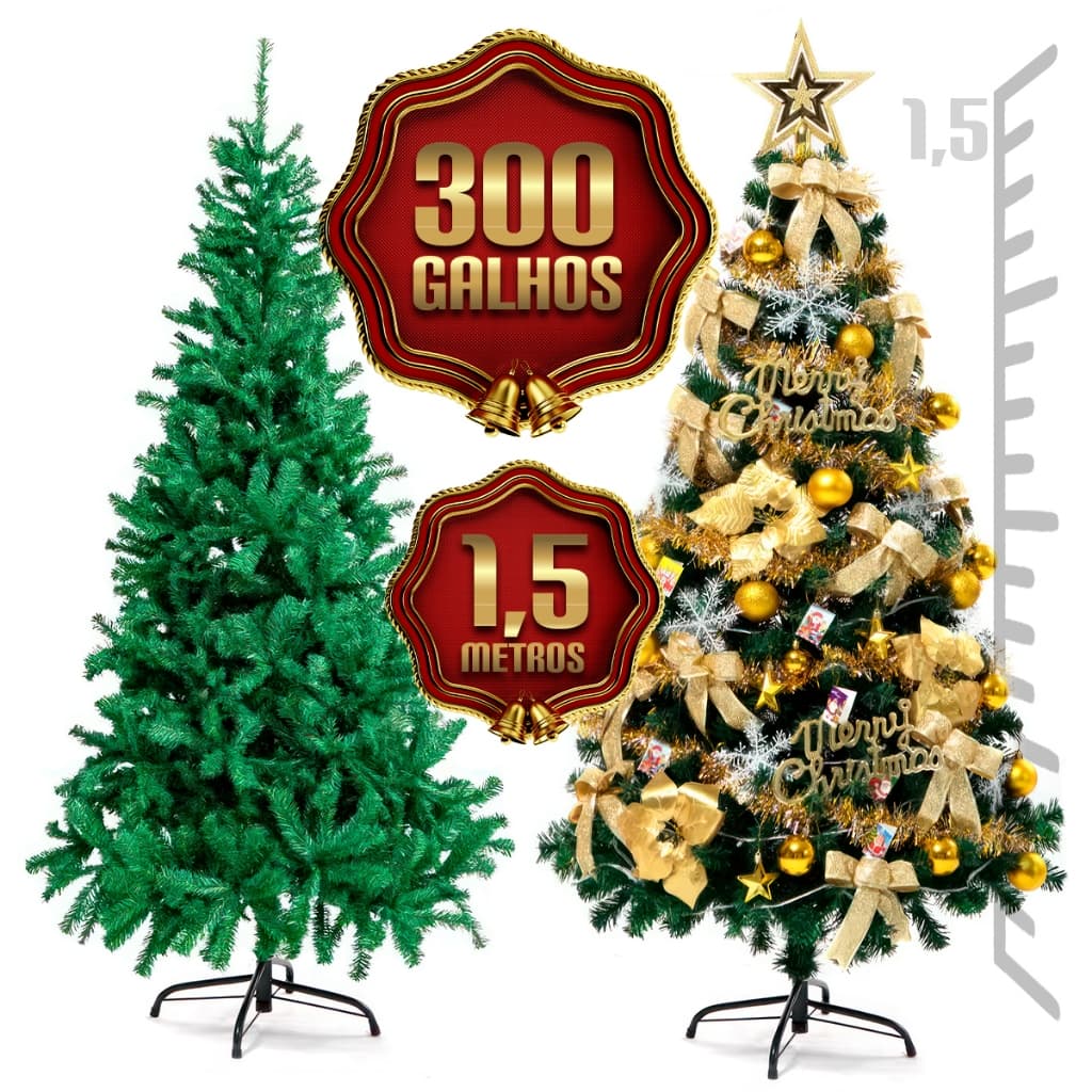 Árvore De Natal Grande 1,5cm  300 Galhos Cheia Promoção Pinheiro Luxo Pé De Ferro