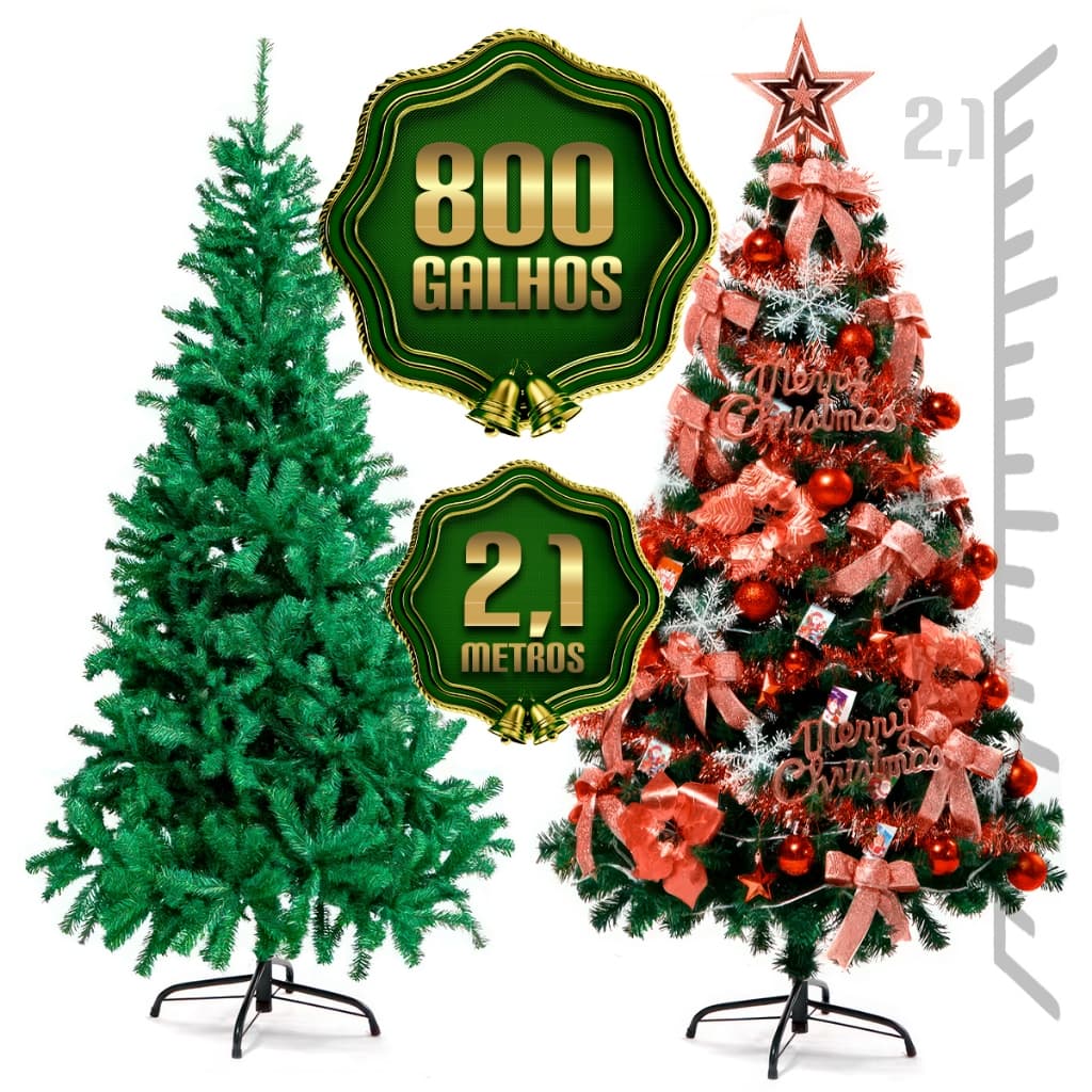 Arvore De Natal 210cm 800 Galhos Cheio Pinheiro Grande Luxo 2,10m  Verde Tradicional Pé De Ferro